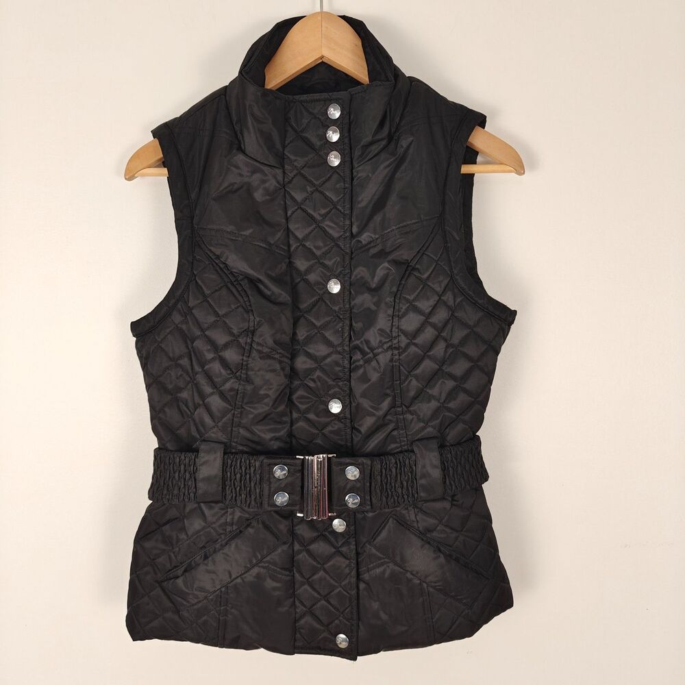Guess Quilted Button Up High Collar Black Vest With Belt Size M Y2K Glam Rock